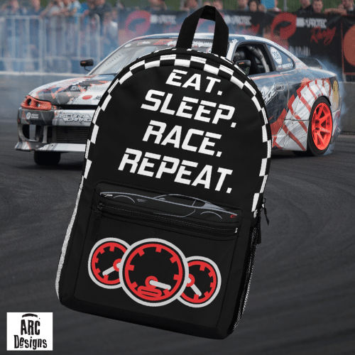 eat sleep race repeat backpack with drifter in background